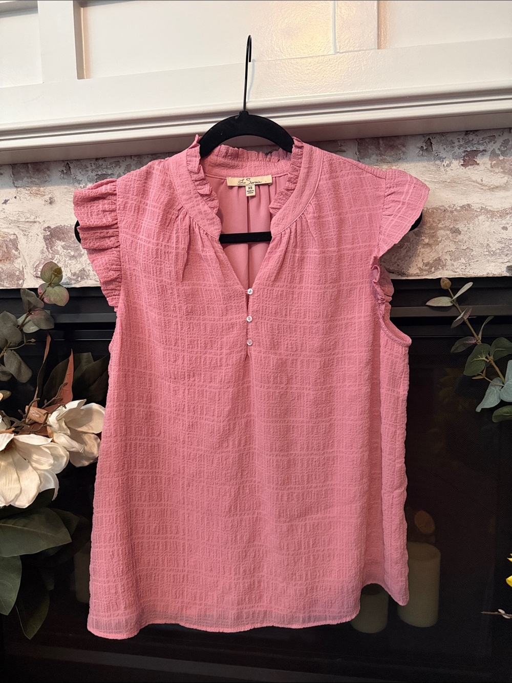 Women's Pink Ruffle Sleeve Textured Henley Camisole